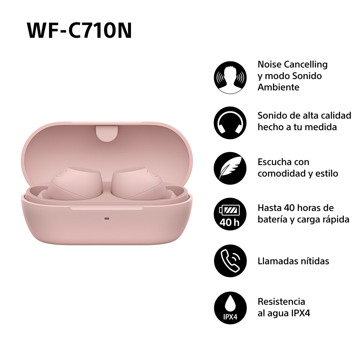 Sony WF-C710N Auriculares Inalámbricos, Cancelación de ruido, táctiles, Multipunto, IPX4, 40h. de batería, iOS, Android y PC - Rosa Rosa-4