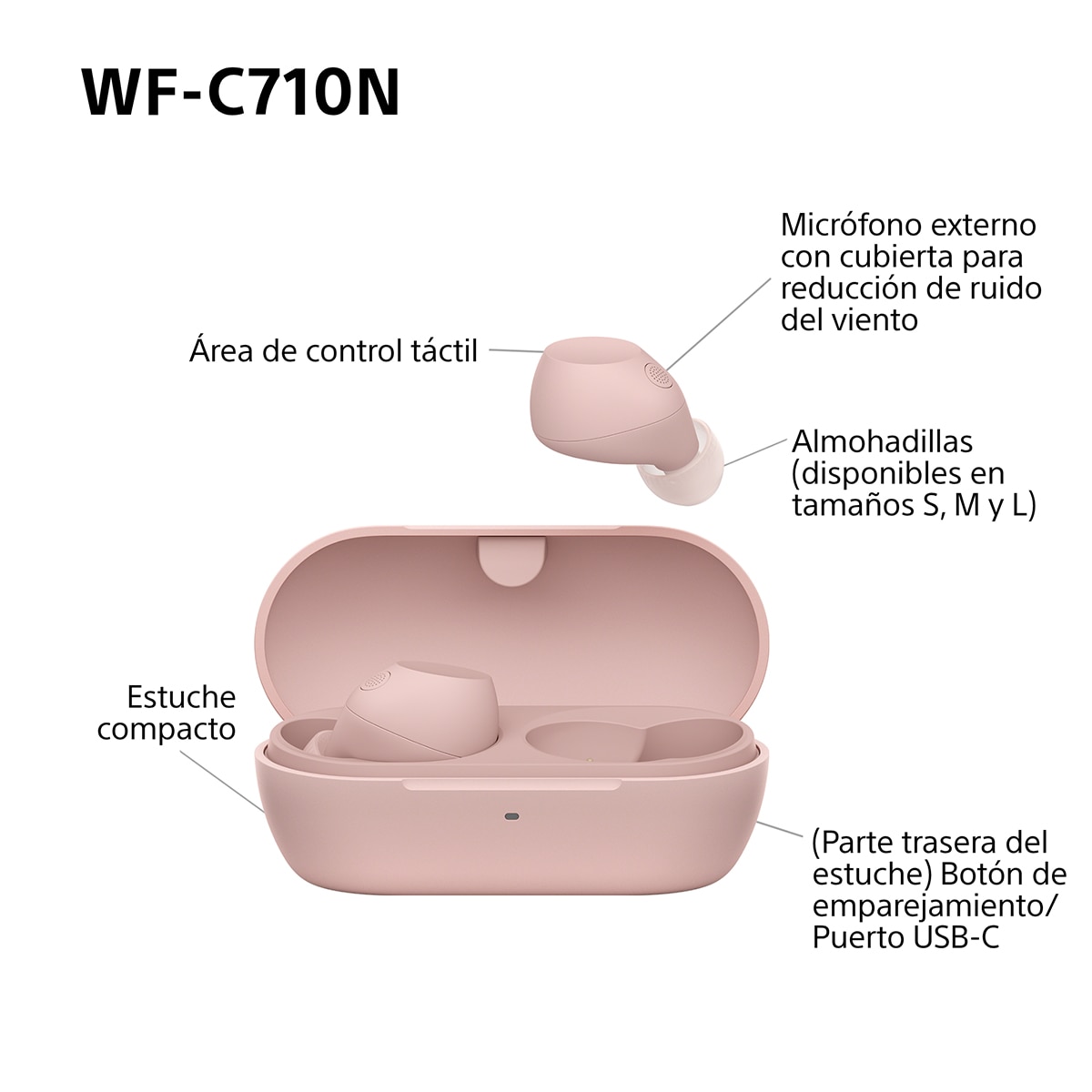 Sony WF-C710N Auriculares Inalámbricos, Cancelación de ruido, táctiles, Multipunto, IPX4, 40h. de batería, iOS, Android y PC - Rosa Rosa-12