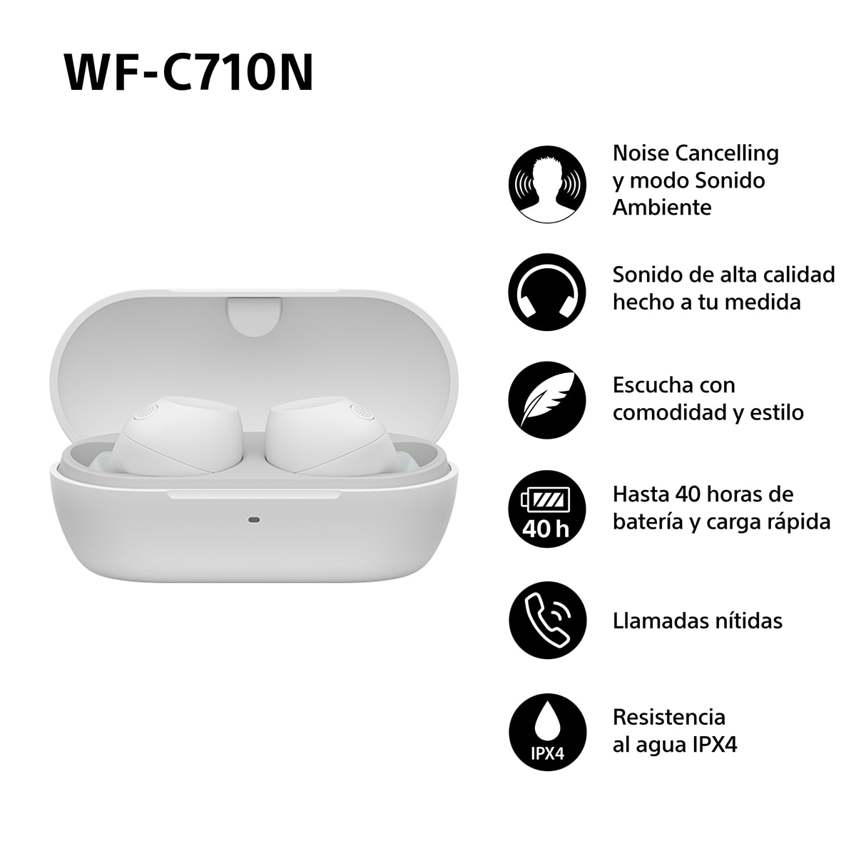 Sony WF-C710N Auriculares Inalámbricos, Cancelación de ruido, táctiles, Multipunto, IPX4, 40h. de batería, iOS, Android y PC - Blanco Blanco-3
