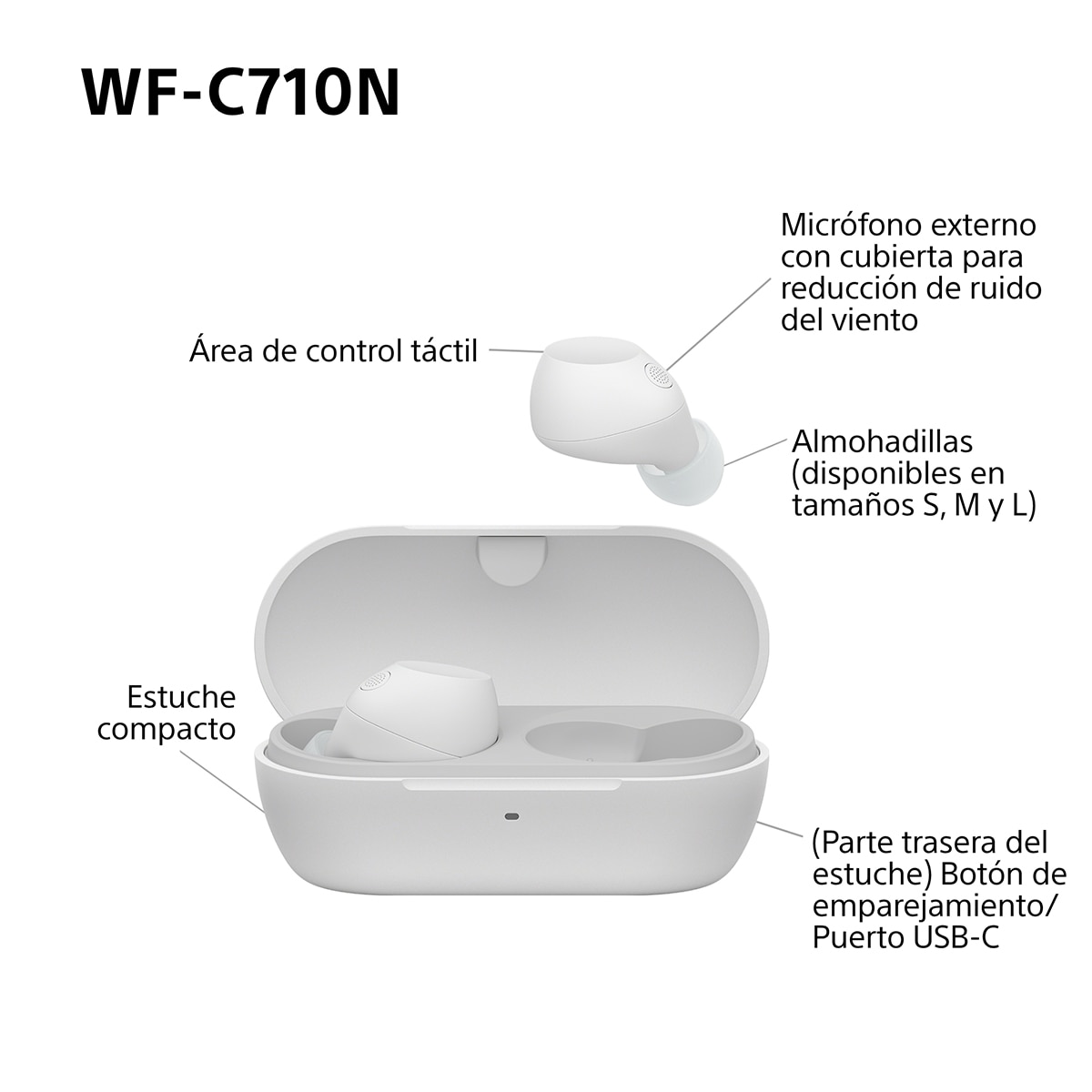 Sony WF-C710N Auriculares Inalámbricos, Cancelación de ruido, táctiles, Multipunto, IPX4, 40h. de batería, iOS, Android y PC - Blanco Blanco-11