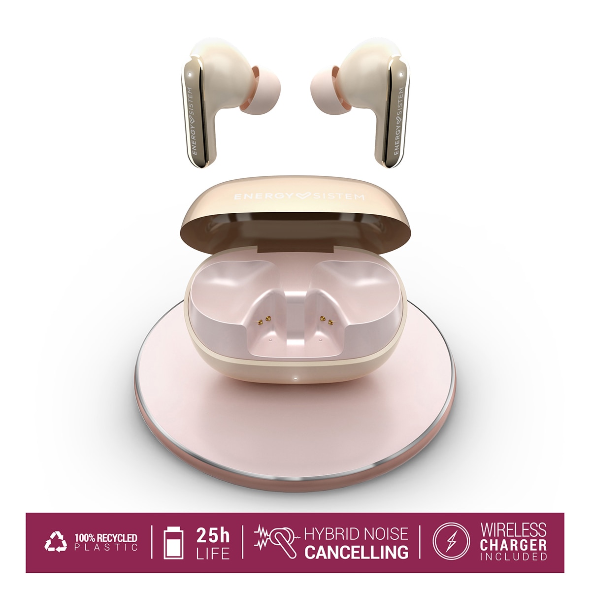 Auriculares de botón Energy Sistem Serenity ANC Ultra Bluetooth, Cancelación de Ruido Híbrida, 25h batería, Carga Inalámbrica Qi, Resistencia IPX4 - Rosa Rosa-6