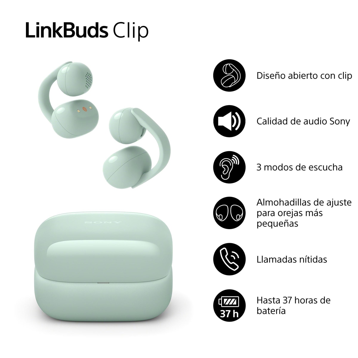 Auriculares inalámbricos Sony LinkBuds Clip, Bluetooth, IPX4, 37 horas de Batería - Verde menta Verde menta-3