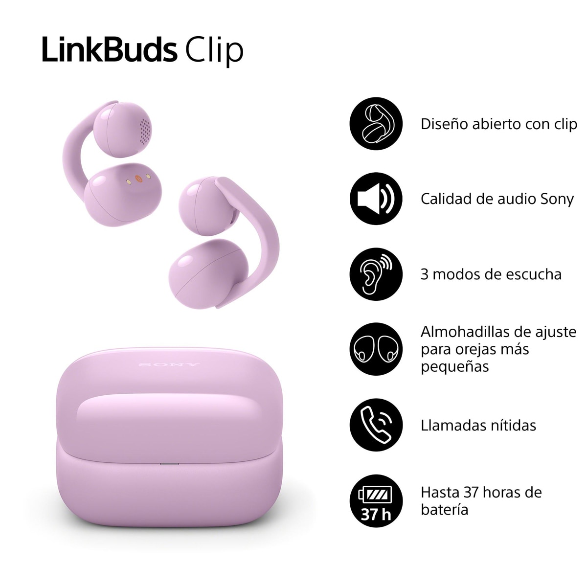 Auriculares inalámbricos Sony LinkBuds Clip, Bluetooth, IPX4, 37 horas de Batería - Lavanda Lavanda-3