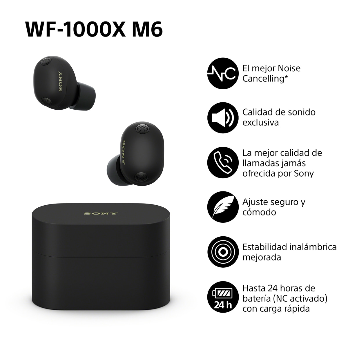 Auriculares True Wireless Sony WF-1000XM6 con cancelación de ruido, Bluetooth, IPX4, 24 horas de batería Negro-4