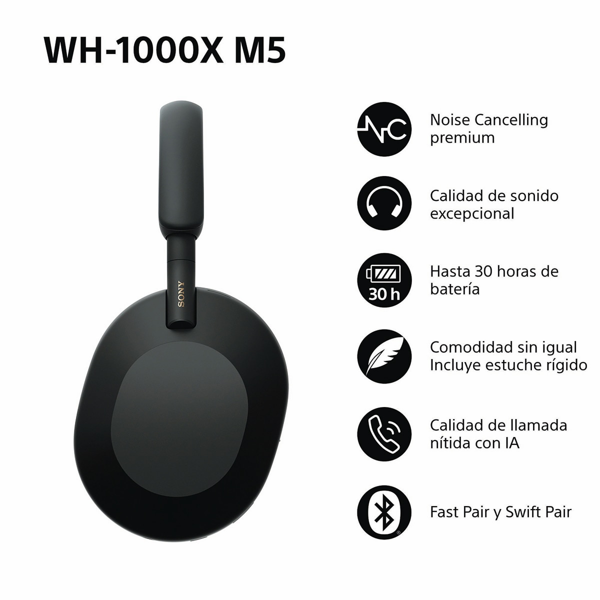 Sony WH-1000XM5 Bluetooth Auriculares de diadema Cancelación de ruido, 30 horas de batería, micrófono, para iOS, Android y PC Negro-4