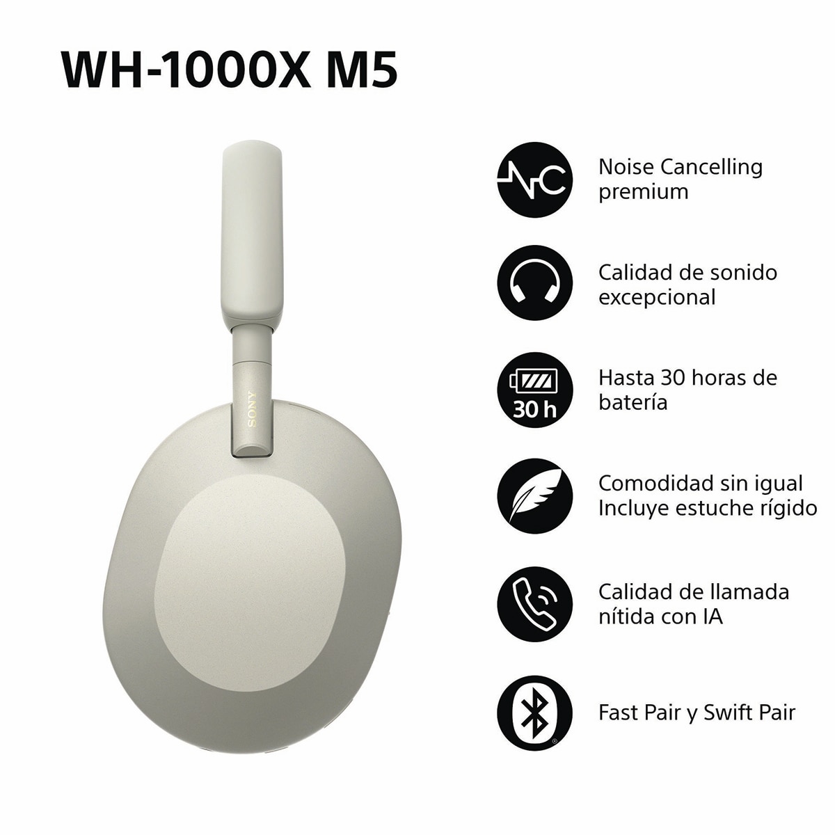 Sony WH-1000XM5 Bluetooth Auriculares de diadema Cancelación de ruido, 30 horas de batería, micrófono, para iOS, Android y PC - Plata Plata-4