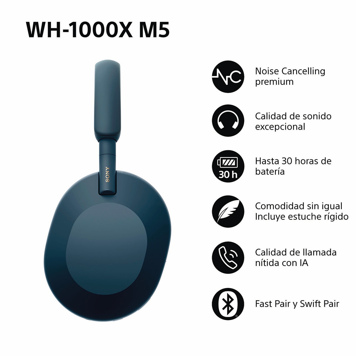 Sony WH-1000XM5 Bluetooth Auriculares de diadema Cancelación de ruido, 30 horas de batería, micrófono, para iOS, Android y PC - Azul Medianoche Azul Medianoche-4