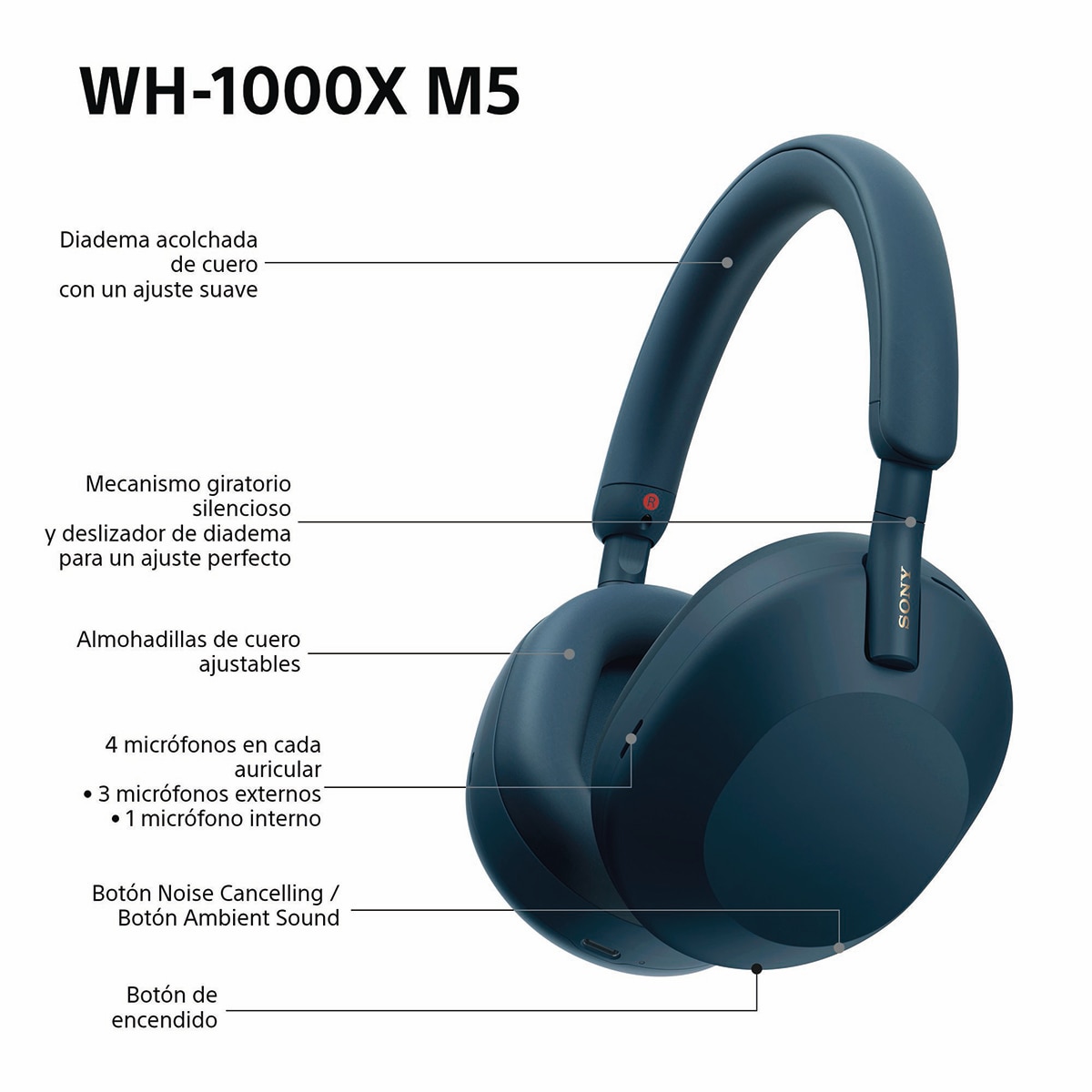 Sony WH-1000XM5 Bluetooth Auriculares de diadema Cancelación de ruido, 30 horas de batería, micrófono, para iOS, Android y PC - Azul Medianoche Azul Medianoche-11