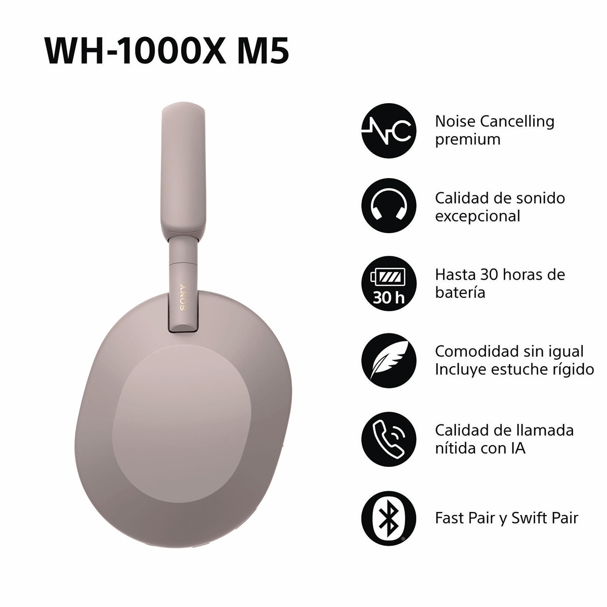 Sony WH-1000XM5 Bluetooth Auriculares de diadema Cancelación de ruido, 30 horas de batería, micrófono, para iOS, Android y PC Rosa palo-4