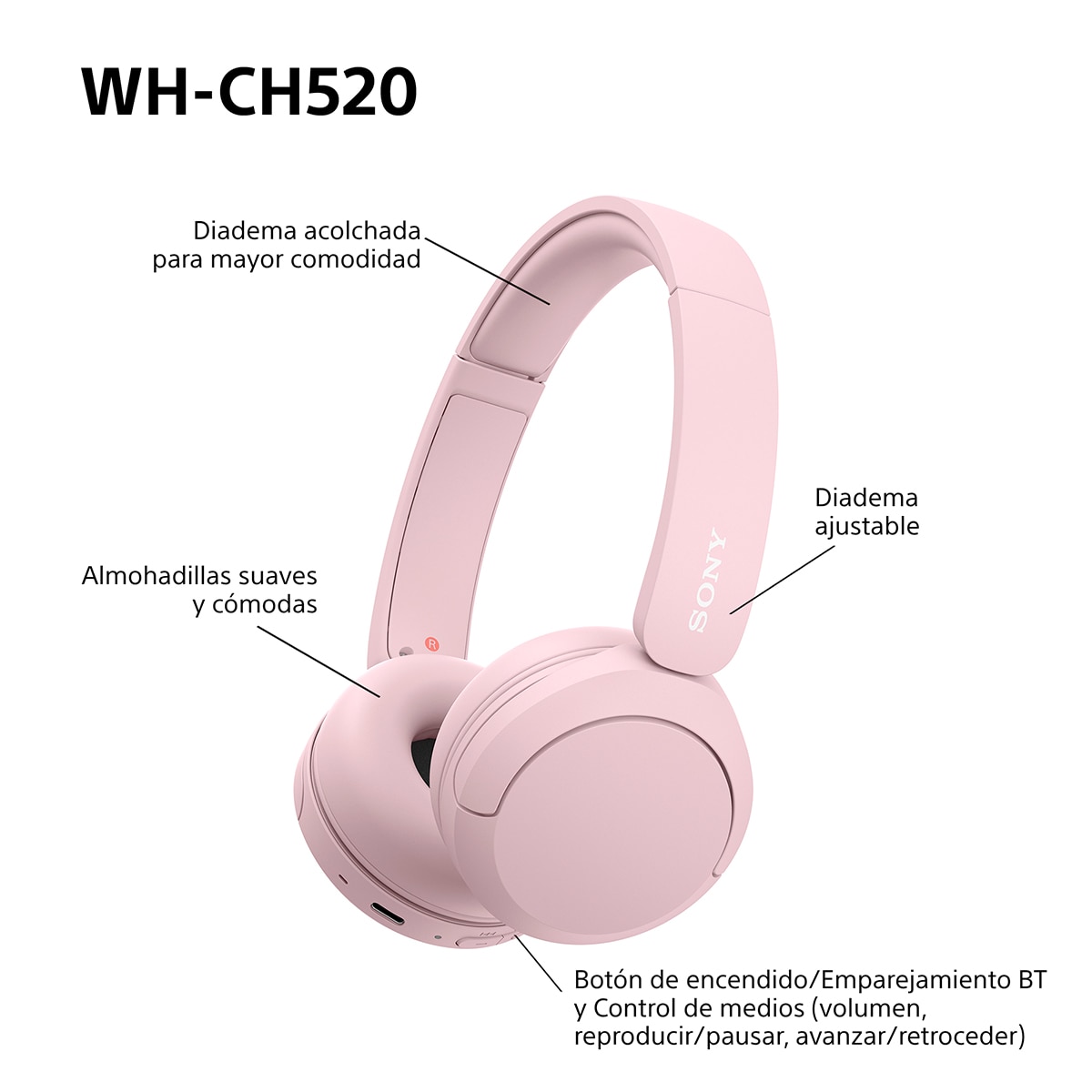 Sony WH-CH520 Auriculares inalámbricos de diadema, hasta 50h batería, ecualizador, iOS, Android y PC Rosa-8