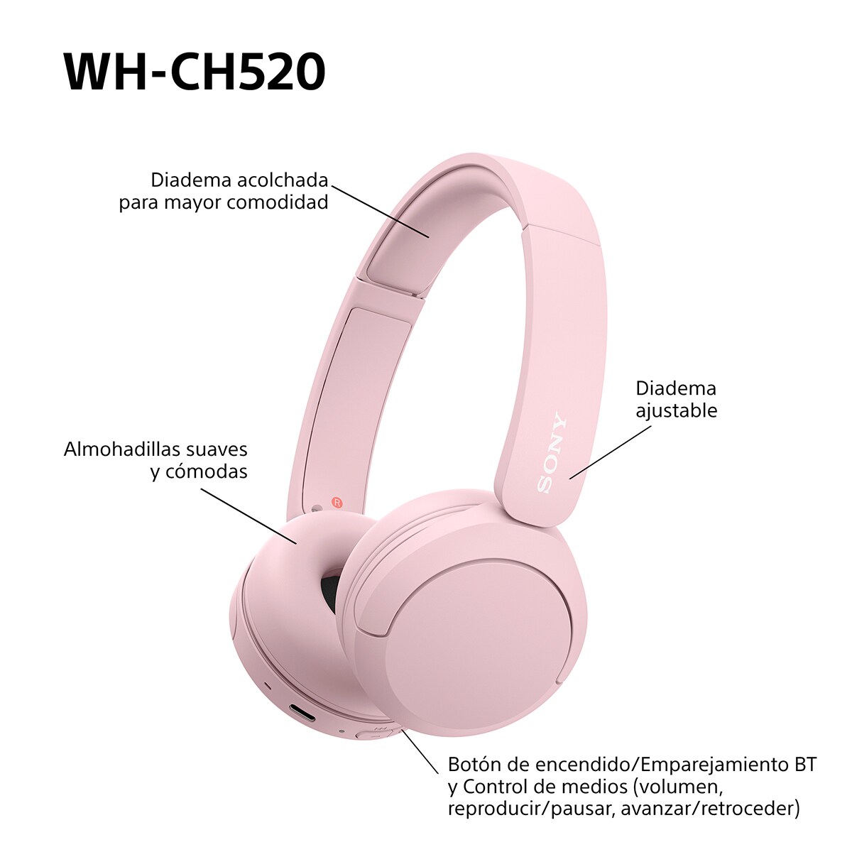 Sony WH-CH520 Auriculares inalámbricos de diadema, hasta 50h batería, ecualizador, iOS, Android y PC Rosa-8