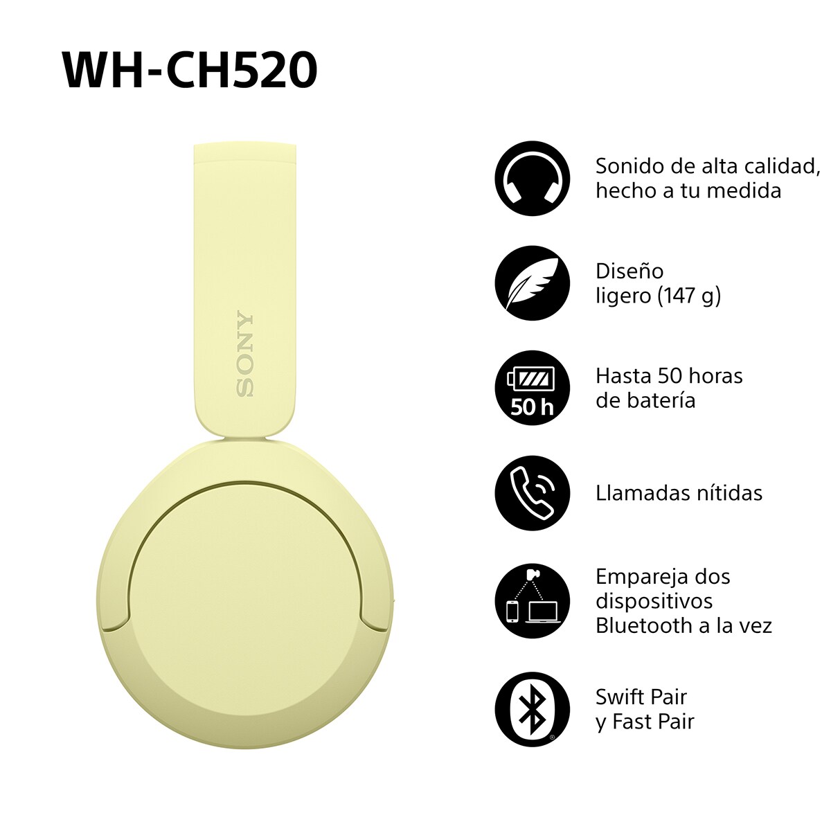 Sony WH-CH520 Auriculares inalámbricos de diadema, hasta 50h batería, ecualizador, iOS, Android y PC Amarillo-2
