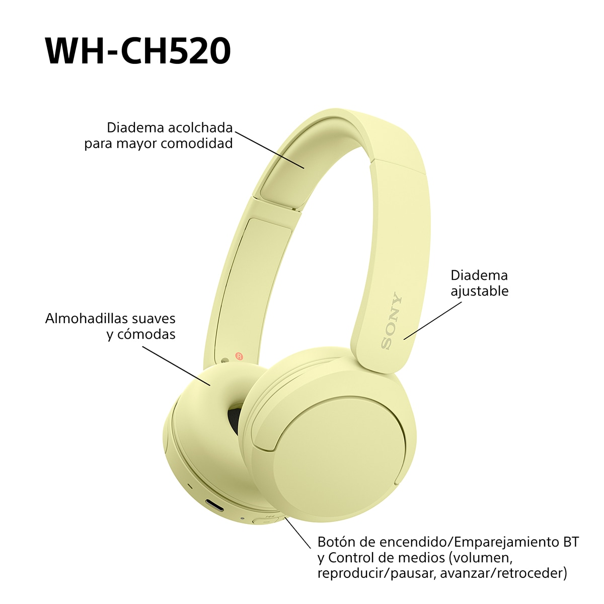 Sony WH-CH520 Auriculares inalámbricos de diadema, hasta 50h batería, ecualizador, iOS, Android y PC Amarillo-8