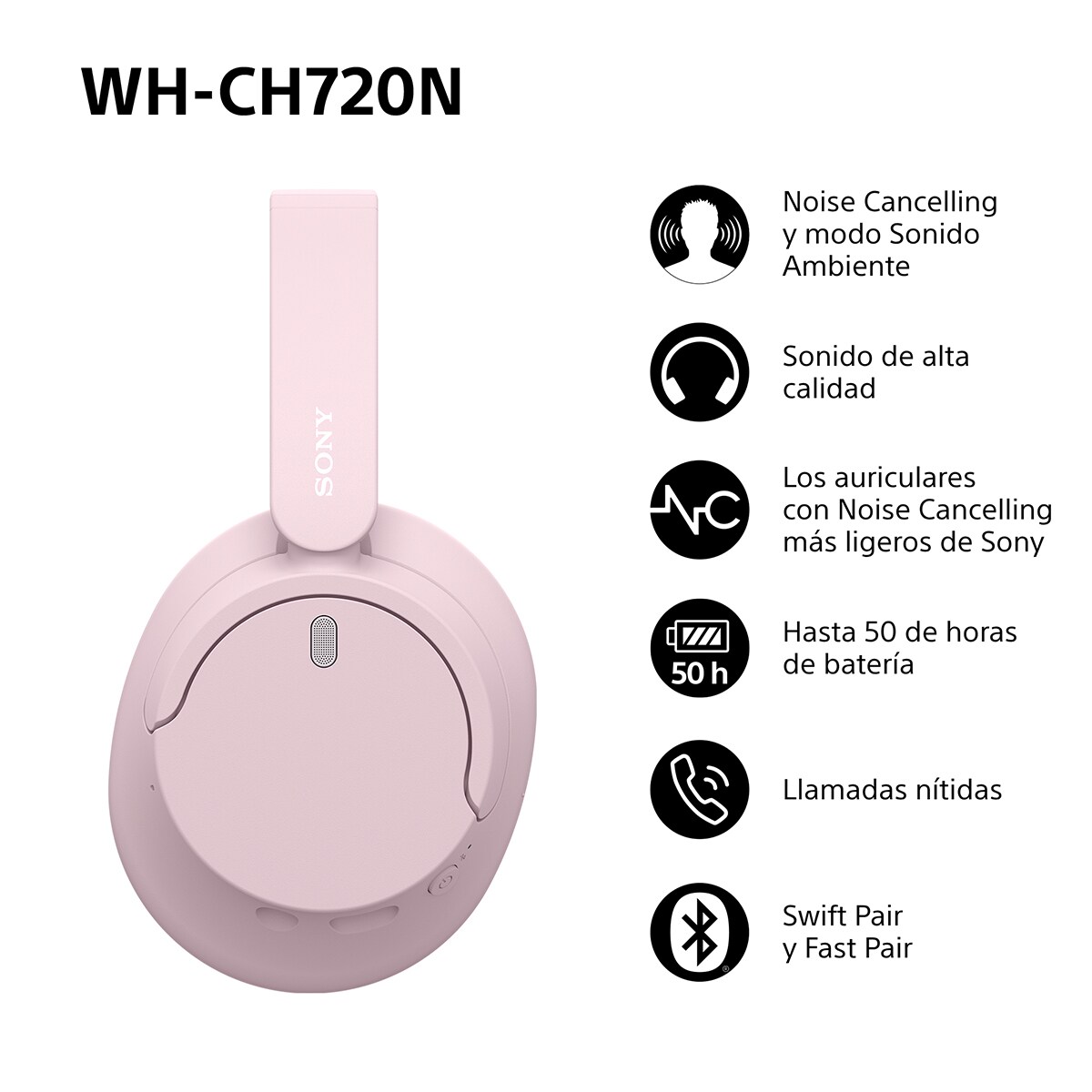 Sony WH CH720N Auriculares de diadema inalámbricos, Cancelación de ruido, hasta 50h. de batería, iOS, Android y PC Rosa-2