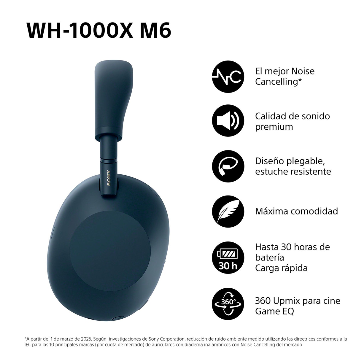 Sony WH-1000XM6 Bluetooth Auriculares de diadema, Cancelación de ruido, 30 horas de batería, plegable, para iOS, Android y PC Azul Medianoche Azul Medianoche-3