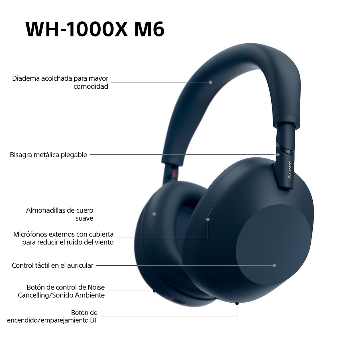 Sony WH-1000XM6 Bluetooth Auriculares de diadema, Cancelación de ruido, 30 horas de batería, plegable, para iOS, Android y PC Azul Medianoche Azul Medianoche-12