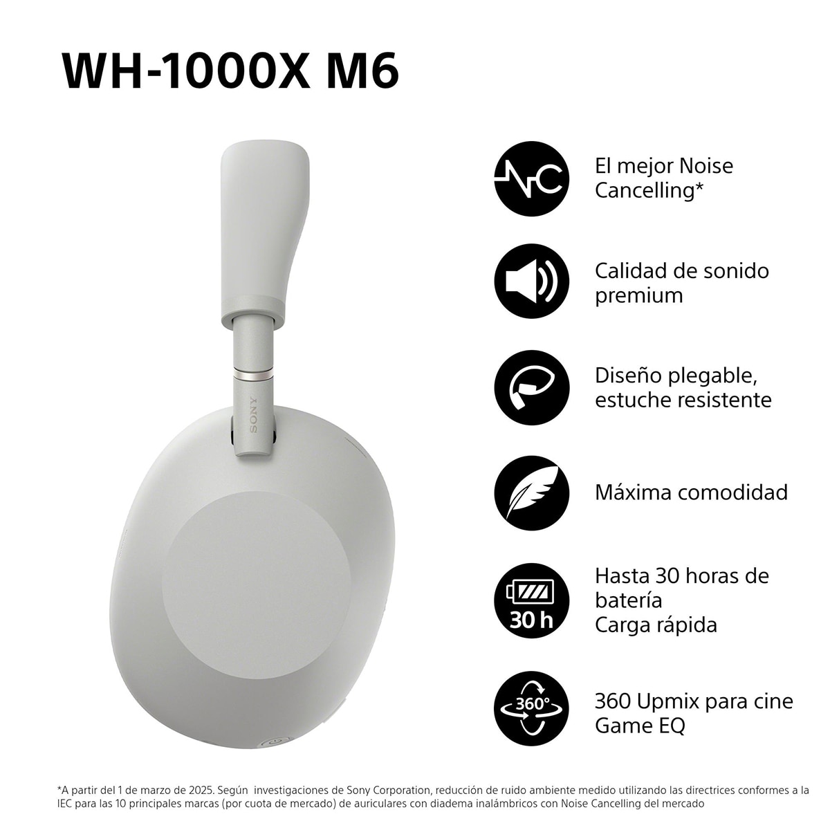 Sony WH-1000XM6 Bluetooth Auriculares de diadema, Cancelación de ruido, 30 horas de batería, plegable, para iOS, Android y PC Plata Plata-3