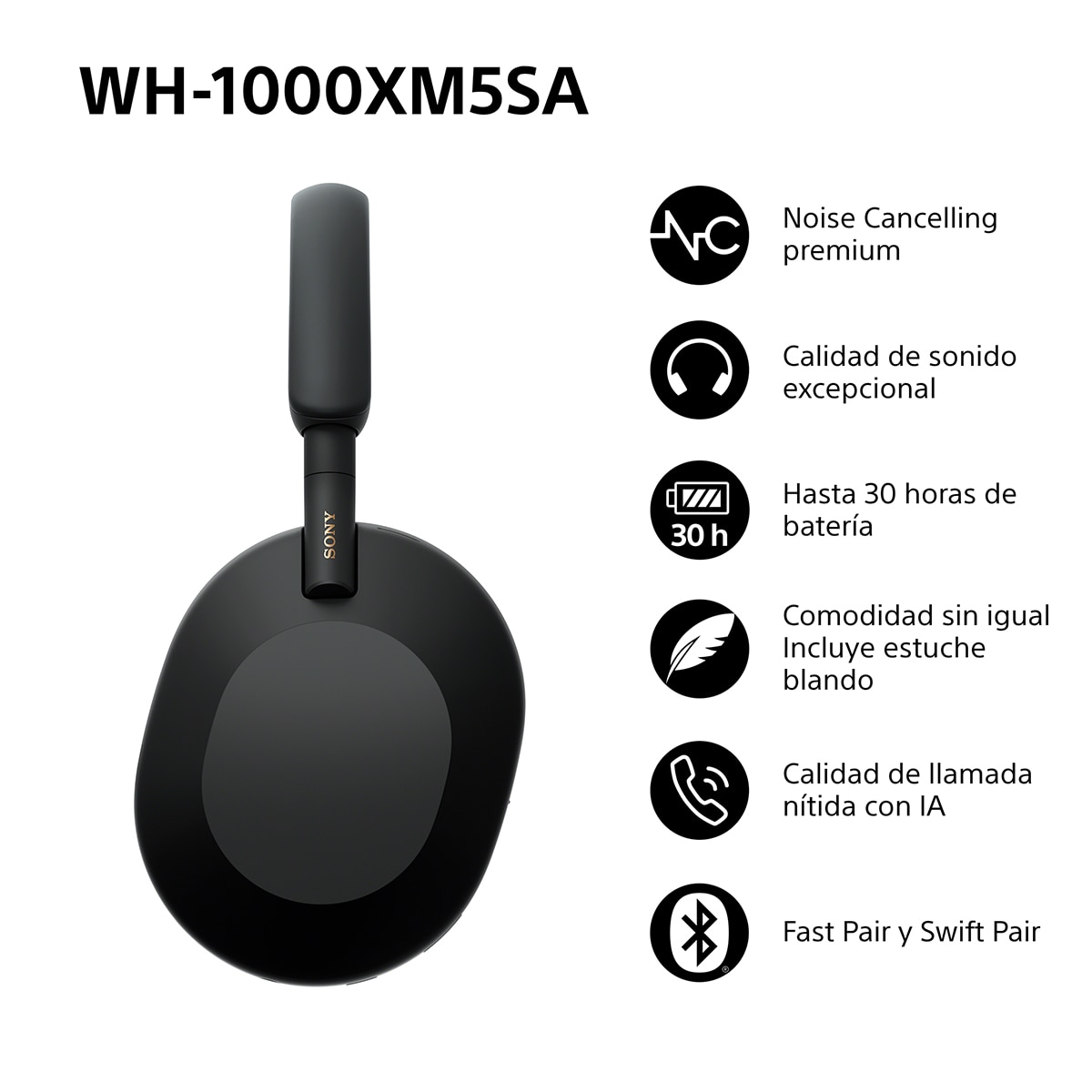 Sony WH-1000XM5 Bluetooth Auriculares de diadema Cancelación de ruido, Estuche Blando, 30 horas de batería, micrófono, para iOS, Android y PC Negro-3