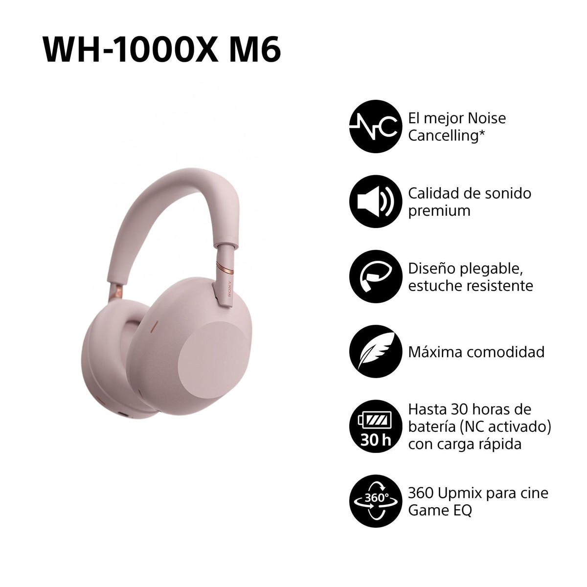 Sony WH-1000XM6 Bluetooth Auriculares de diadema, Cancelación de ruido, 30 horas de batería, plegable, para iOS, Android y PC Rosa Rosa-3