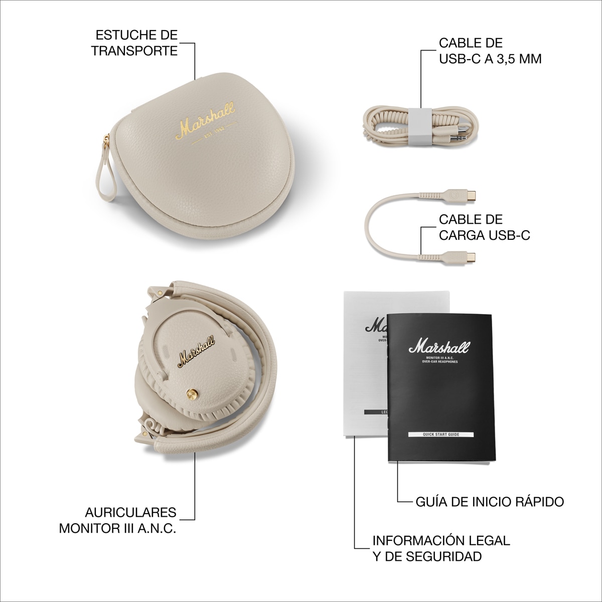 Auriculares de diadema Marshall Monitor III A.N.C Cream, Bluetooth Crema-8