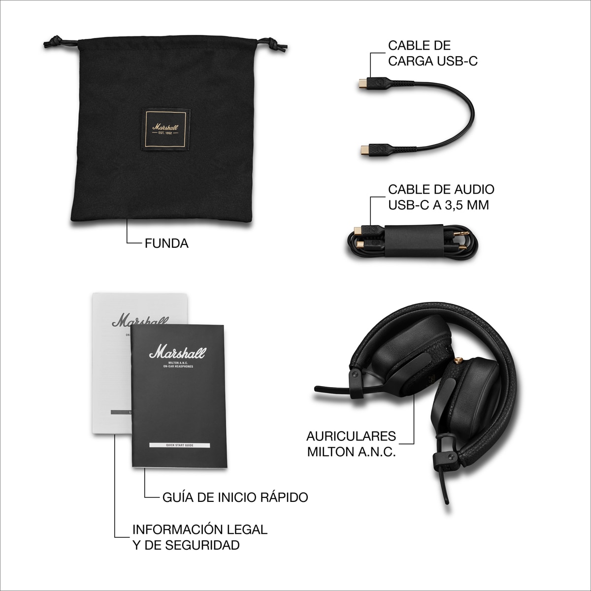Auricular de Diadema Marshall Milton A.N.C. con cancelación activa de ruido - Negro Negro-10