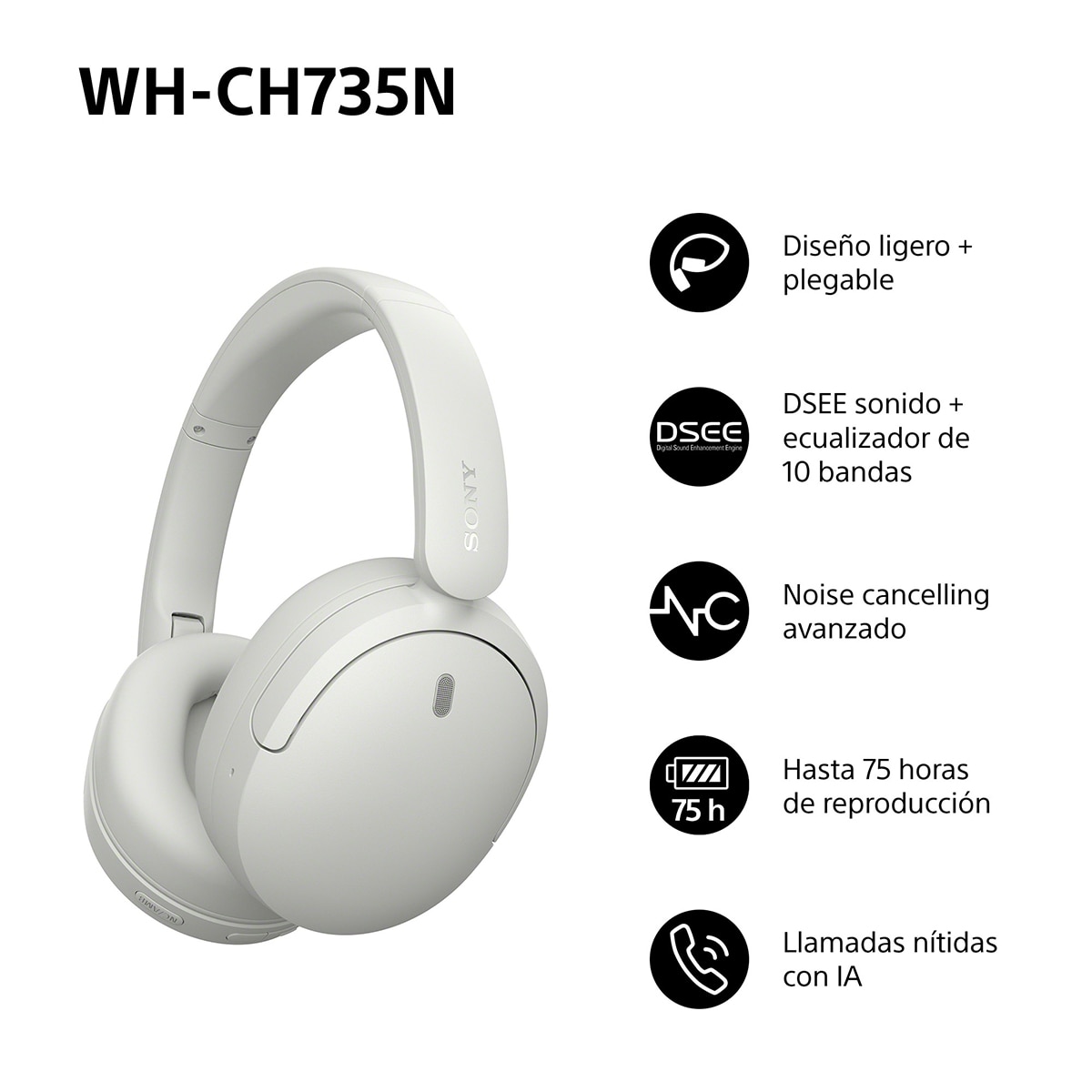 Sony WH-CH735N Auriculares de diadema inalámbricos, Cancelación de ruido, hasta 75h batería - Blanco Blanco-3