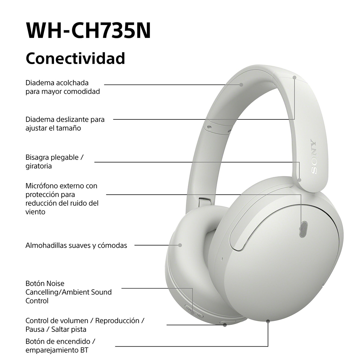 Sony WH-CH735N Auriculares de diadema inalámbricos, Cancelación de ruido, hasta 75h batería - Blanco Blanco-10