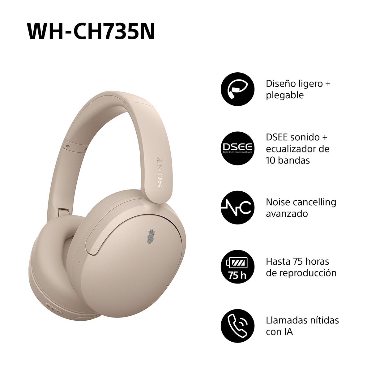 Sony WH-CH735N Auriculares de diadema inalámbricos, Cancelación de ruido, hasta 75h batería - Beige Beige-3