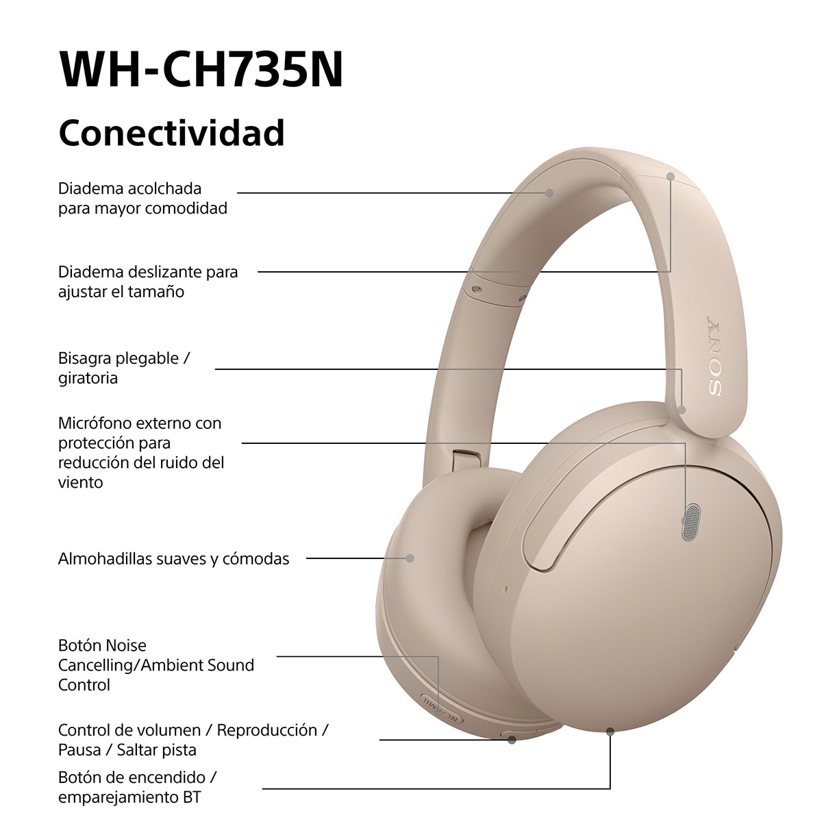 Sony WH-CH735N Auriculares de diadema inalámbricos, Cancelación de ruido, hasta 75h batería - Beige Beige-10