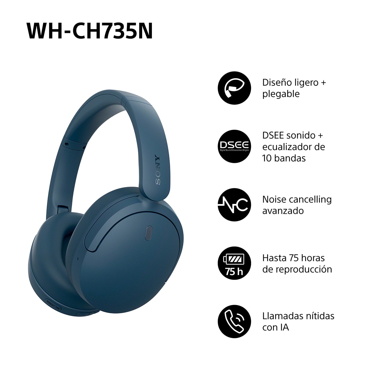 Sony WH-CH735N Auriculares de diadema inalámbricos, Cancelación de ruido, hasta 75h batería - Azules Azules-3