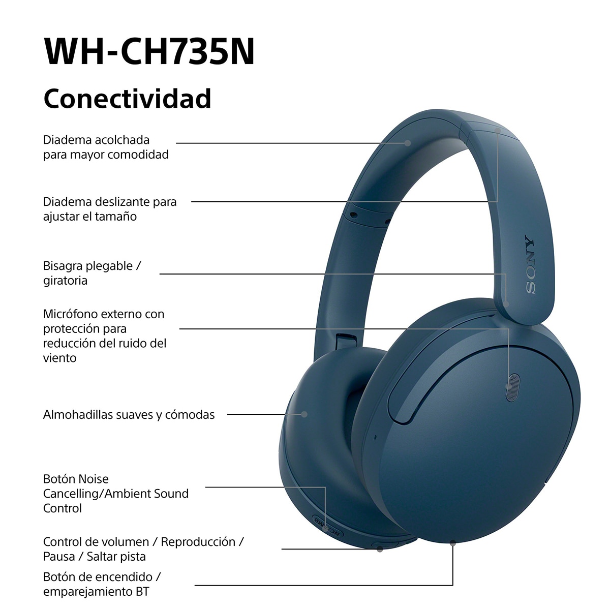Sony WH-CH735N Auriculares de diadema inalámbricos, Cancelación de ruido, hasta 75h batería - Azules Azules-10