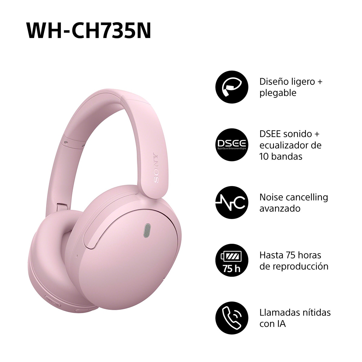 Sony WH-CH735N Auriculares de diadema inalámbricos, Cancelación de ruido, hasta 75h batería - Rosas Rosas-3