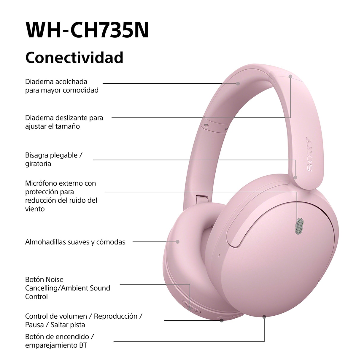 Sony WH-CH735N Auriculares de diadema inalámbricos, Cancelación de ruido, hasta 75h batería - Rosas Rosas-10