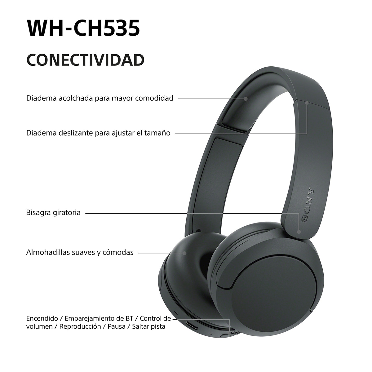 Sony WH-CH535 Auriculares de diadema inalámbricos, hasta 55h batería, Bluetooth - Negro Negro-9