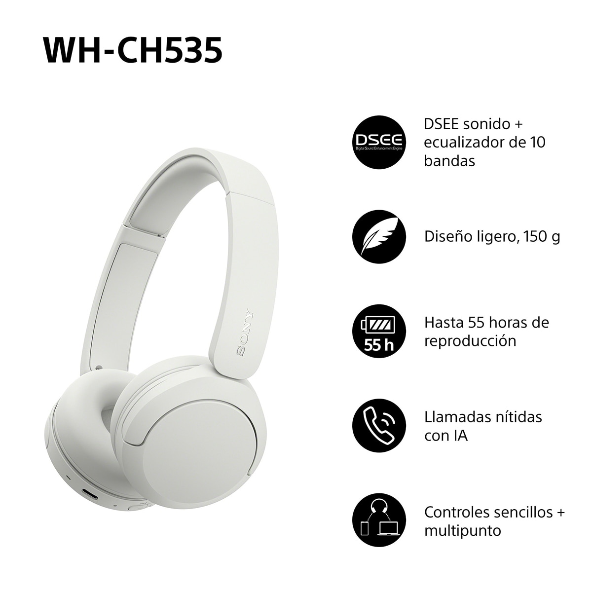 Sony WH-CH535 Auriculares de diadema inalámbricos, hasta 55h batería, Bluetooth - Blanco Blanco-3