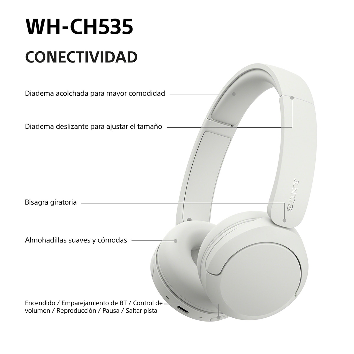 Sony WH-CH535 Auriculares de diadema inalámbricos, hasta 55h batería, Bluetooth - Blanco Blanco-9