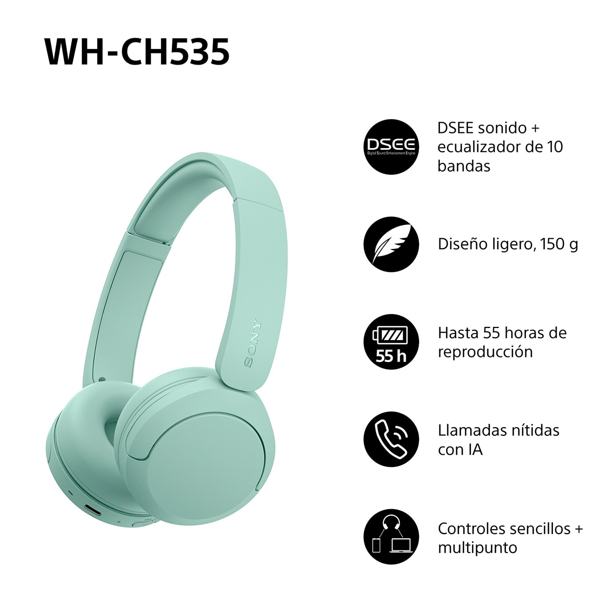Sony WH-CH535 Auriculares de diadema inalámbricos, hasta 55h batería, Bluetooth - Verde Verde-3