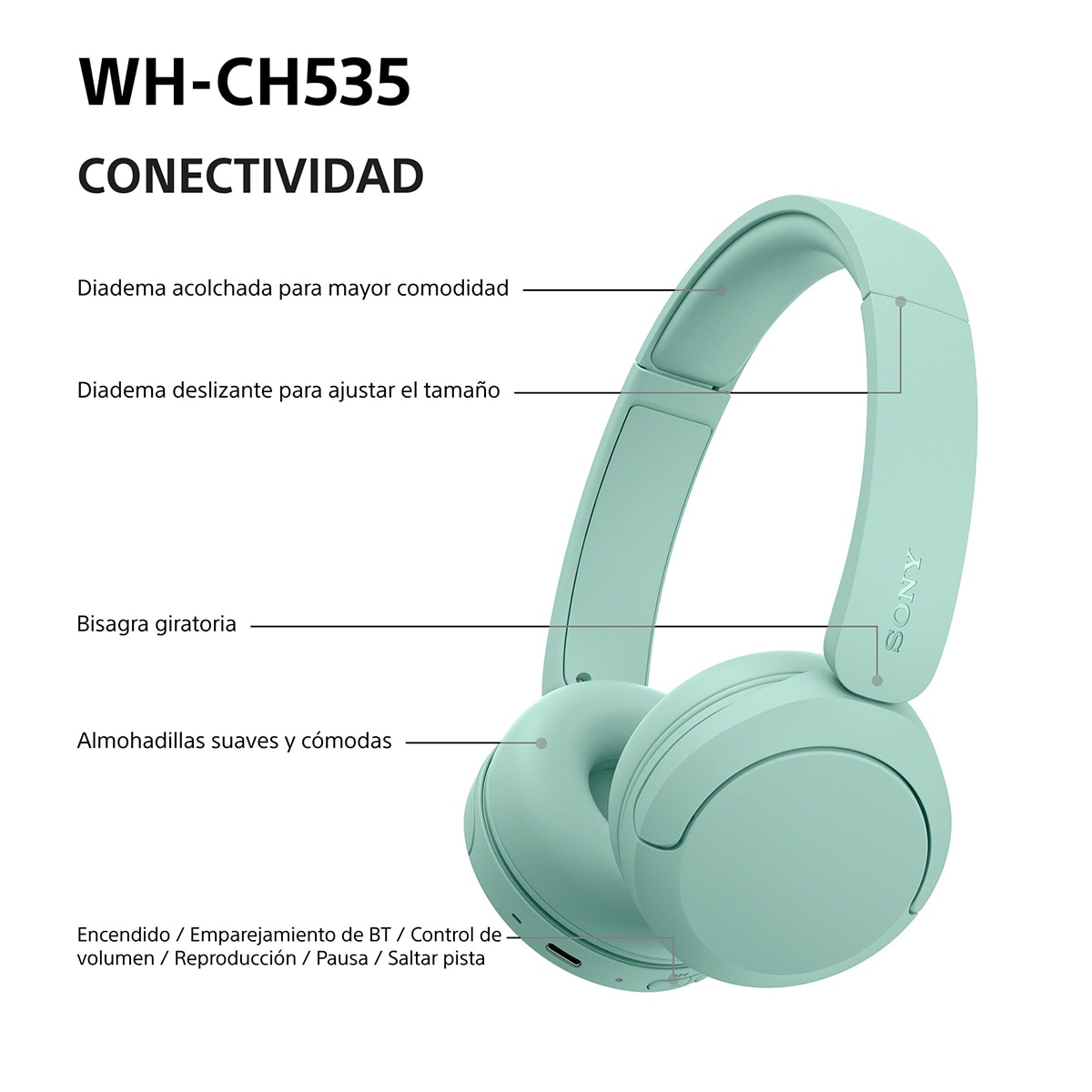 Sony WH-CH535 Auriculares de diadema inalámbricos, hasta 55h batería, Bluetooth - Verde Verde-9