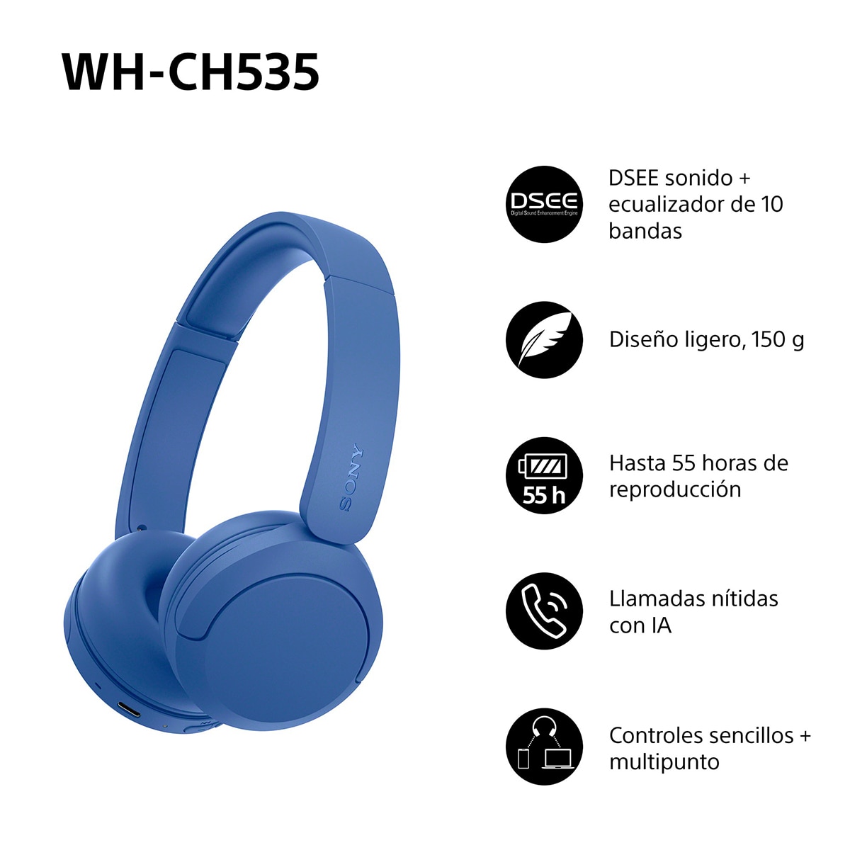 Sony WH-CH535 Auriculares de diadema inalámbricos, hasta 55h batería, Bluetooth - Cobalto Cobalto-3
