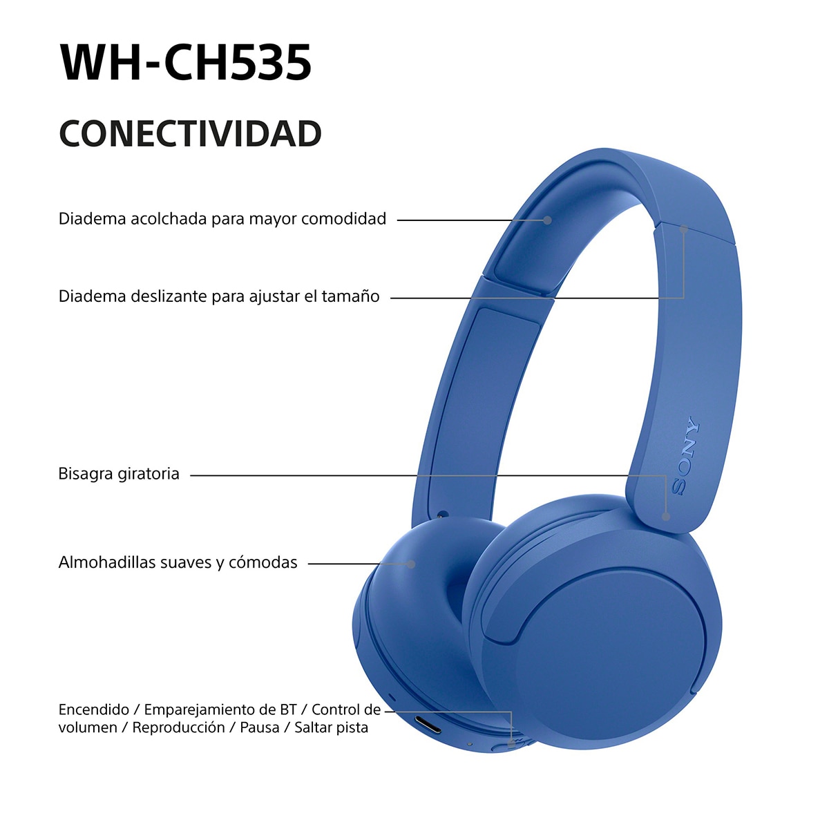 Sony WH-CH535 Auriculares de diadema inalámbricos, hasta 55h batería, Bluetooth - Cobalto Cobalto-9