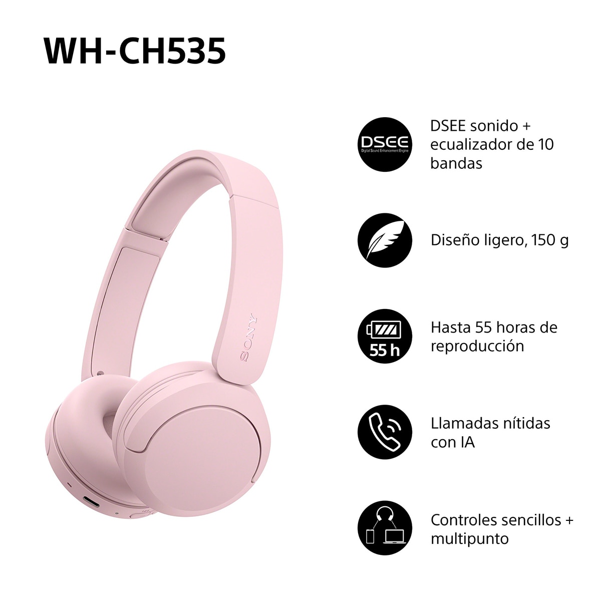 Sony WH-CH535 Auriculares de diadema inalámbricos, hasta 55h batería, Bluetooth - Rosa Rosa-3