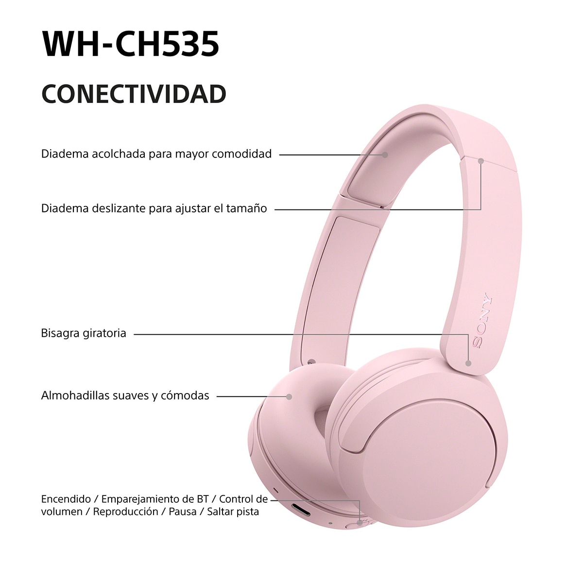 Sony WH-CH535 Auriculares de diadema inalámbricos, hasta 55h batería, Bluetooth - Rosa Rosa-9