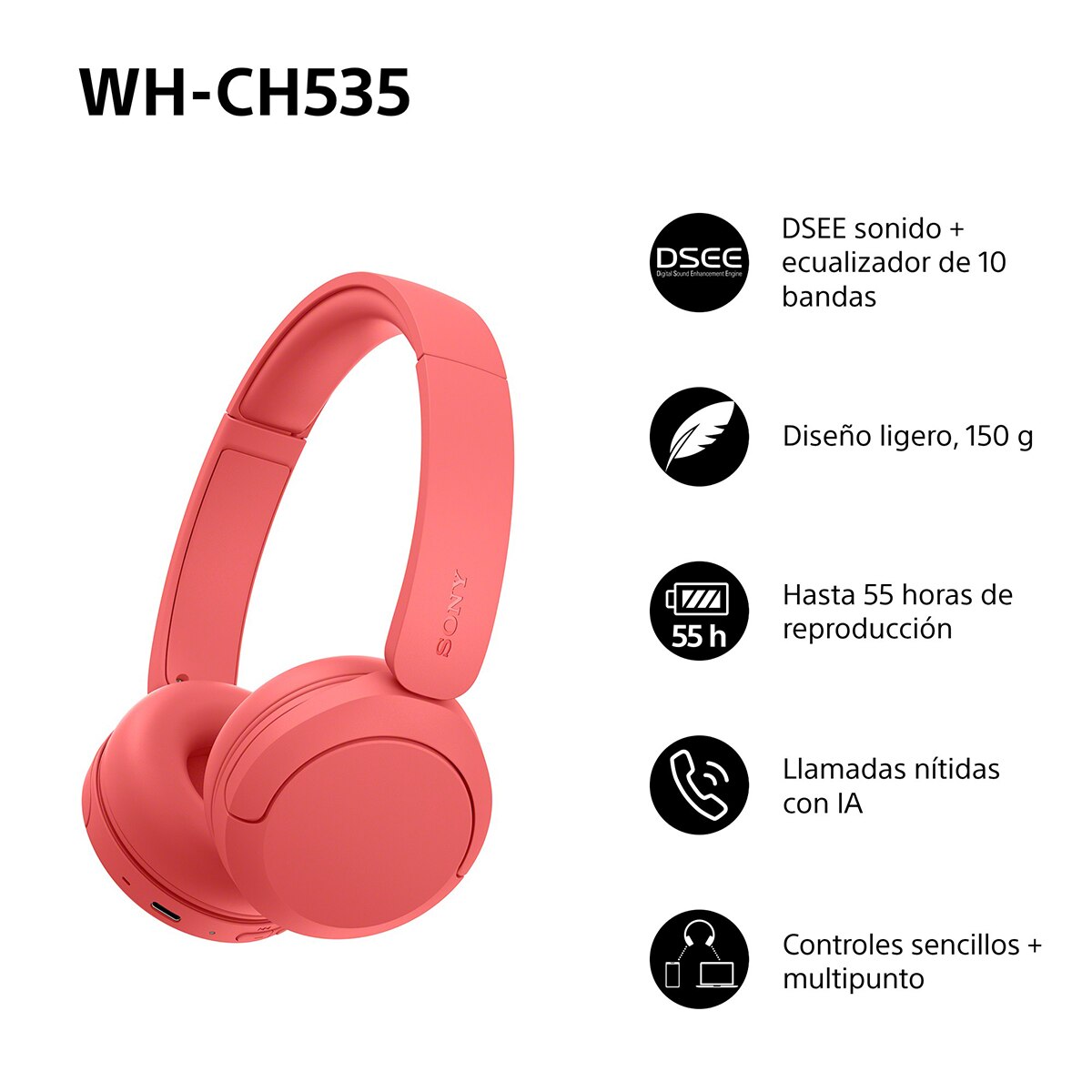 Sony WH-CH535 Auriculares de diadema inalámbricos, hasta 55h batería, Bluetooth - Coral Coral-3