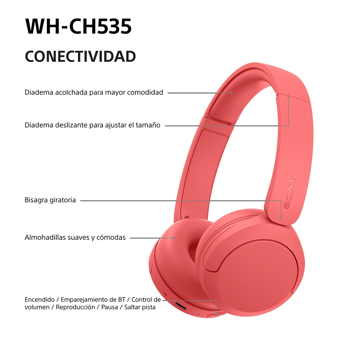 Sony WH-CH535 Auriculares de diadema inalámbricos, hasta 55h batería, Bluetooth - Coral Coral-9