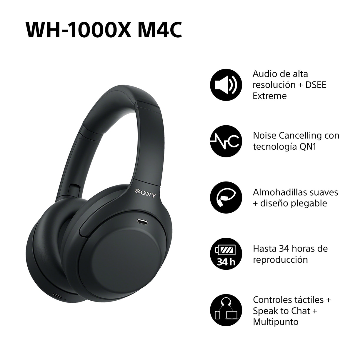 Sony WH-1000XM4C. Auriculares de diadema inalámbricos, Cancelación de ruido, hasta 34h batería, Bluetooth - Negro Negro-3