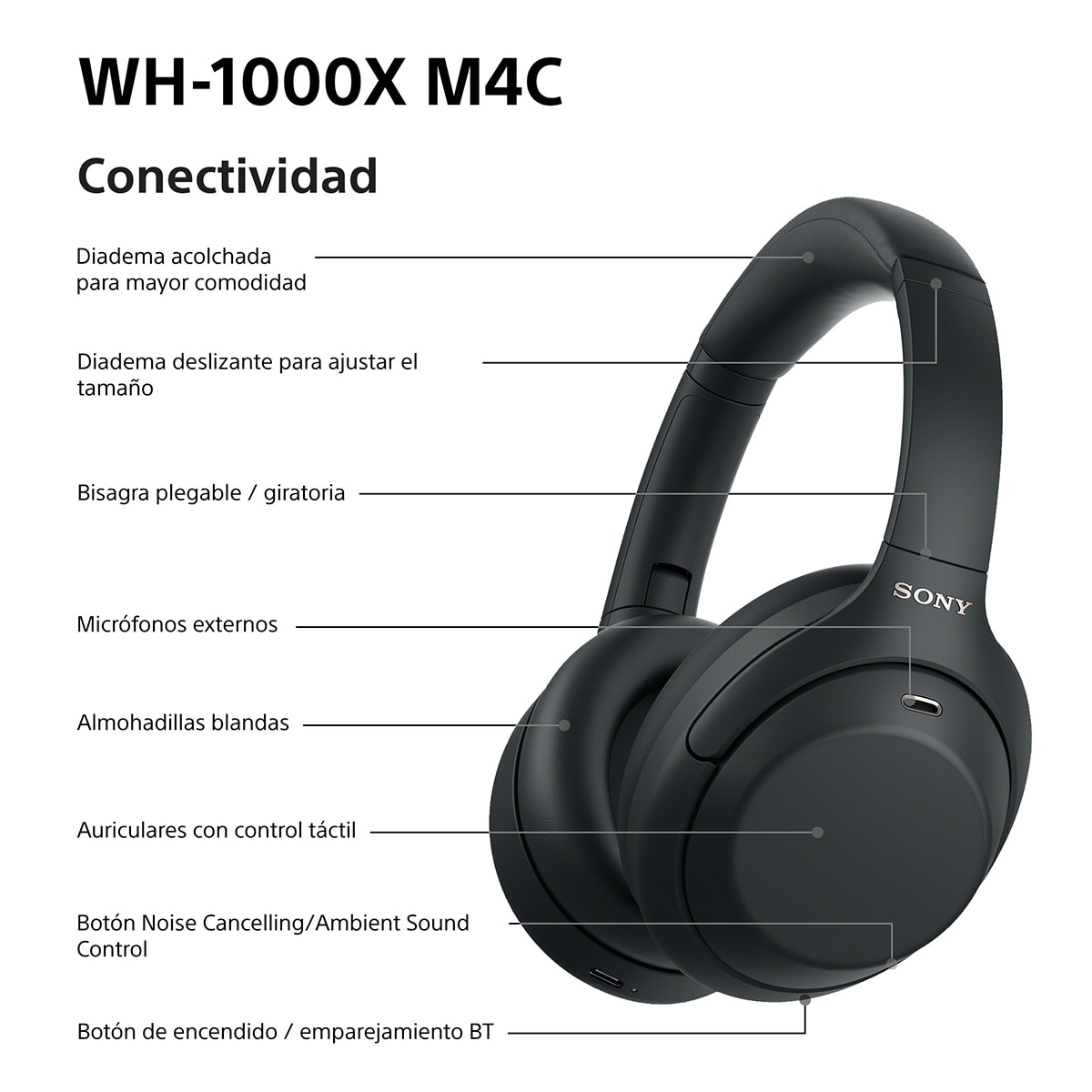 Sony WH-1000XM4C. Auriculares de diadema inalámbricos, Cancelación de ruido, hasta 34h batería, Bluetooth - Negro Negro-9