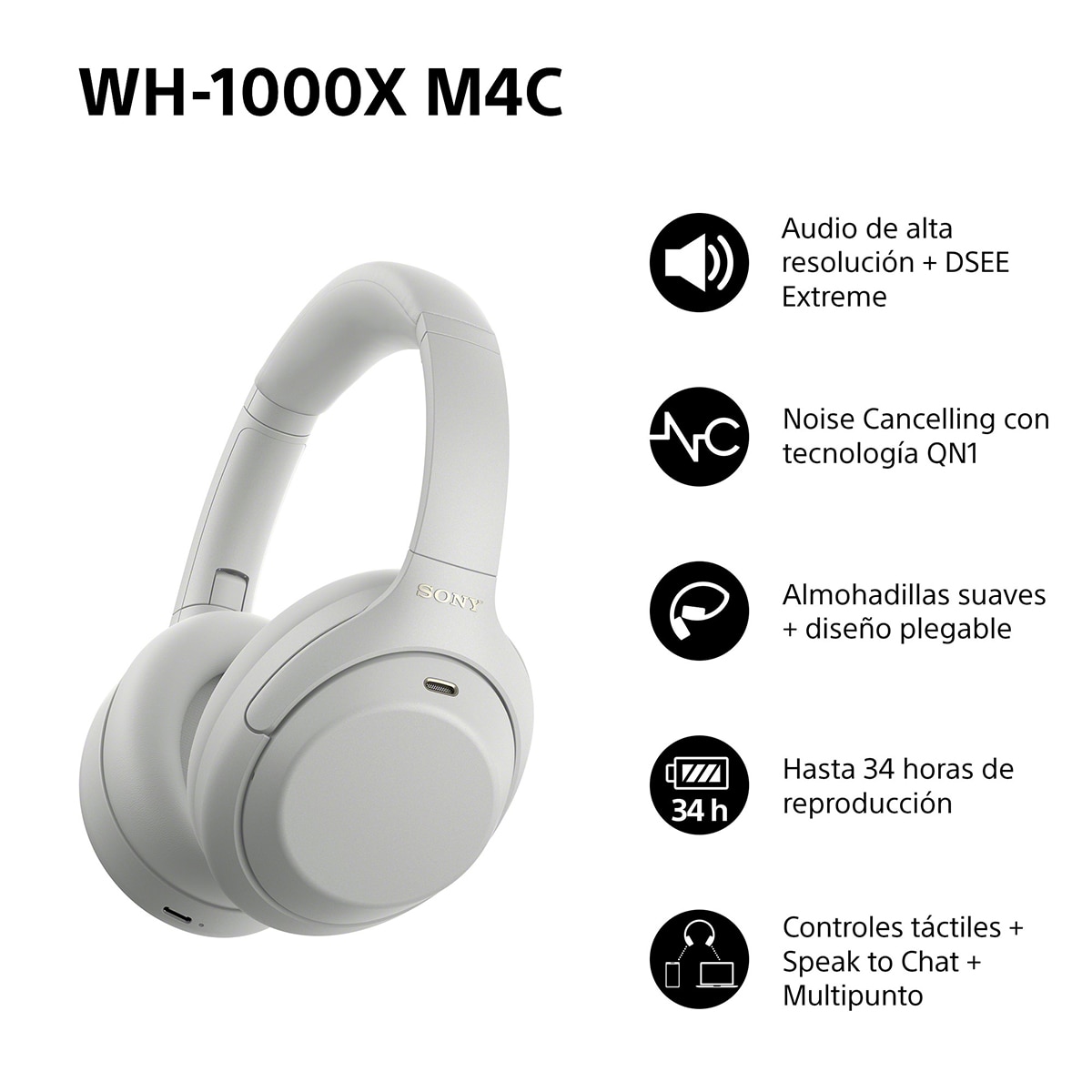 Sony WH-1000XM4C. Auriculares de diadema inalámbricos, Cancelación de ruido, hasta 34h batería, Bluetooth - Plata Plata-3
