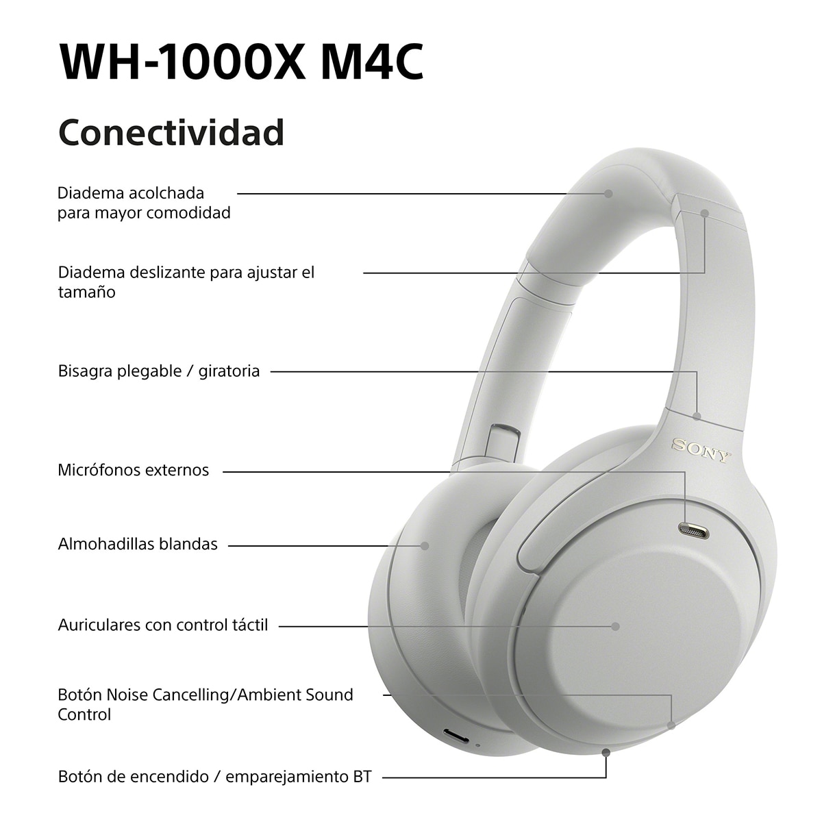 Sony WH-1000XM4C. Auriculares de diadema inalámbricos, Cancelación de ruido, hasta 34h batería, Bluetooth - Plata Plata-9