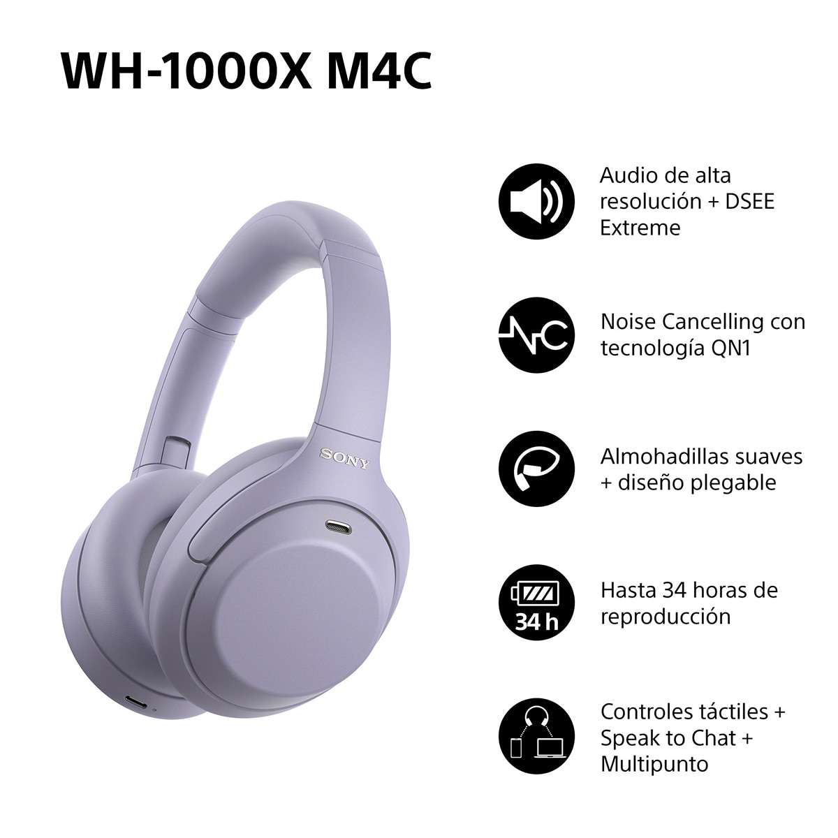 Sony WH-1000XM4C. Auriculares de diadema inalámbricos, Cancelación de ruido, hasta 34h batería, Bluetooth - Lavanda Lavanda-3