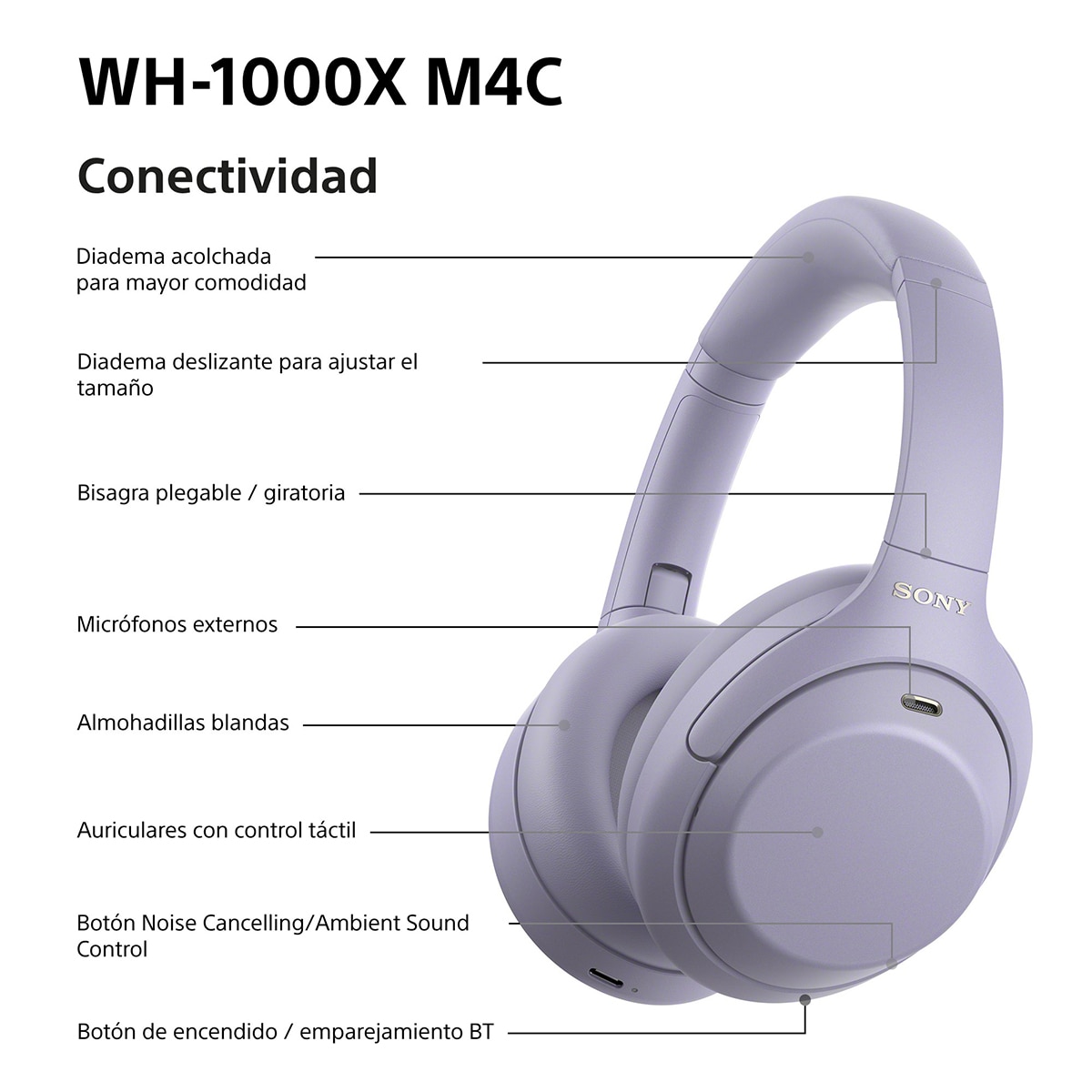 Sony WH-1000XM4C. Auriculares de diadema inalámbricos, Cancelación de ruido, hasta 34h batería, Bluetooth - Lavanda Lavanda-9